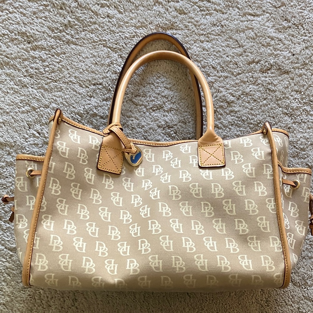 Dooney & Bourke Beige Logo Canvas Tote with Tan Leather Trim